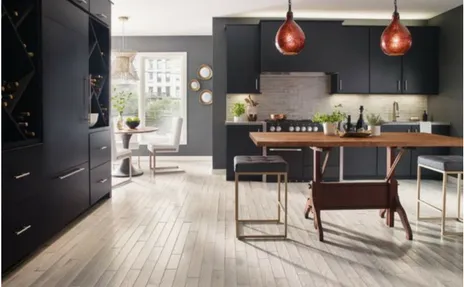 hardwood flooring with black cabinets